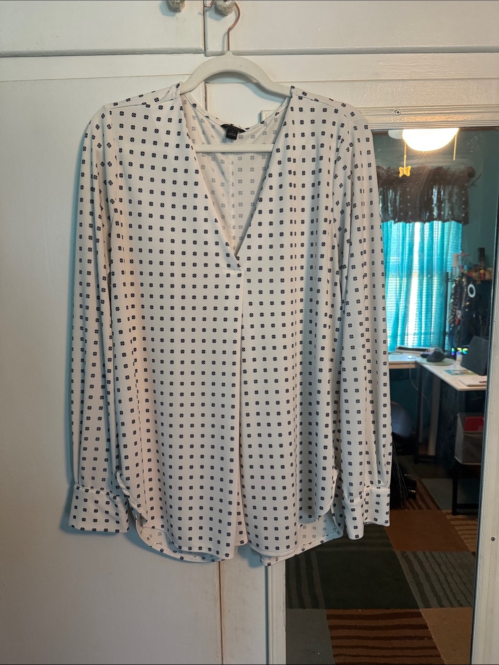 Ann Taylor White Long-Sleeve Dress Shirt with Navy Dot Print